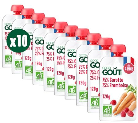 GOOD GOÛT - Gourdes Carotte Framboise - Purée Bébé - Dès 4 Mois - 75% Carotte, 25% Framboise - Sans Sucres Ajoutés* - Fabriqué En France - 10x120g