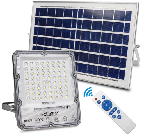 EXTRASTAR Foco Proyector LED Solar 100W con Mando a Distancia, Luz Blanca Fría 6500K, 10000Lm, Resistente al Agua IP67, para Exterior, Jardín, Patio, 1Pc