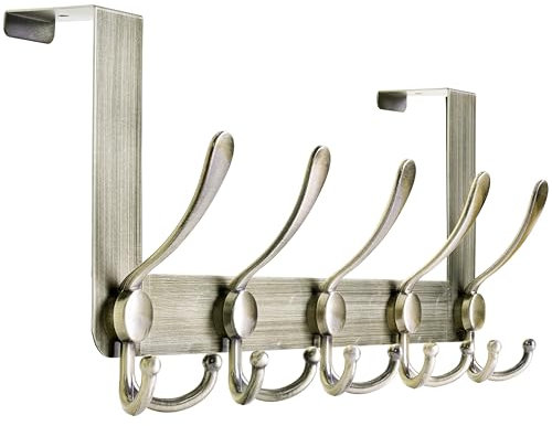 HONSKY Over Door Hook- Rustic,5 Triple Hooks Sturdy Over Door Hanger,Metal Durable Door Towel Rack for Hanging Coat,Clothes,Jacket,Antique Bronze