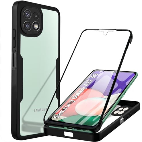 Funda para Samsung Galaxy A22 5G Carcasa Antigolpes 360 Grados Protección con Protector de Pantalla Integrado Robusto Doble Cara Ultrafina Transparente Bumper Carcasa para Samsung Galaxy A22, Negro