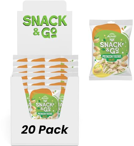 Alfano dal 1940 Pistacchi Salati Tostati Snack & Go 20 Pacchetti Monoporzione da 25g Frutta Secca Ricca di Potassio e Fosforo Snack Ideale per una Dieta Equilibrata e Vegana