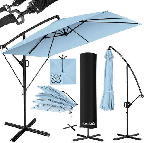 KESSER® Parasol déporté Holly rectangulaire avec housse + protection contre le vent avec manivelle - Parasol à manivelle avec support - Protection UV - En aluminium - Imperméable - Diamètre : 350 cm -