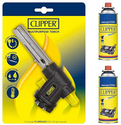 Clipper - Soplete Multiusos + Cartucho de 400ml de Gas Universal (2 Uds) | Válvula GLP250 | Ideal para Flamear, Caramelizar y usar en Barbacoas | Cocina & Acampada