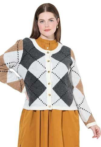 Ulla Popken Womenswear Plus Size Curvy Argyle Cardigan Beige 46+ 843459300-46+