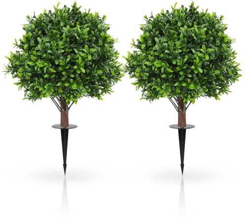 JTING' CHOISIR Set of 2 Artificial Boxwood Topiary Ball Trees with Ground Spike, 26 Inches UV Resistant Fake Plant Bushes Shrubs, for Indoor Outdoor Front Porch Garden (Boxwood)