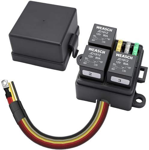Weasch 12V 3-i-1 förtrådda säkerhetsreläskåp, 3 reläer och 3 ATC/ATO-plattsäkringar, 4-polig 80A reläblock och -kit, för bil, lastbil och Jeep