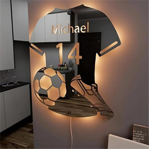 WHOROB Enseigne Lumineuse Personnalisable Football LED Miroir Lampe,Néon Personnalisé Prenom Enseigne Veilleuse Garcon Murale D'éclairage De Pièce Murale Noël Anniversaire Cadeau