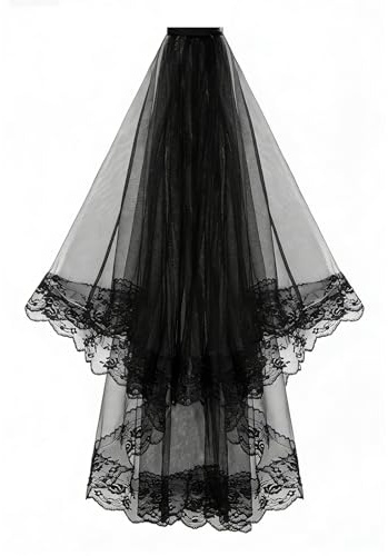 TGKEAIY Velo de Novia de Encaje Negro, Velo Gótico de Halloween, Veloes de Novia de 2 Niveles con Peine, Accesorios para Halloween, Bruja, Cosplay, Boda, para Mujeres y Niñas