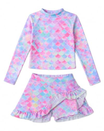 Tstiti Girls Rash Guard Swimsuit Long Sleeve Modest Swimsuit with Skirt Built-in Short 2 Piece Sets 3-12 Years