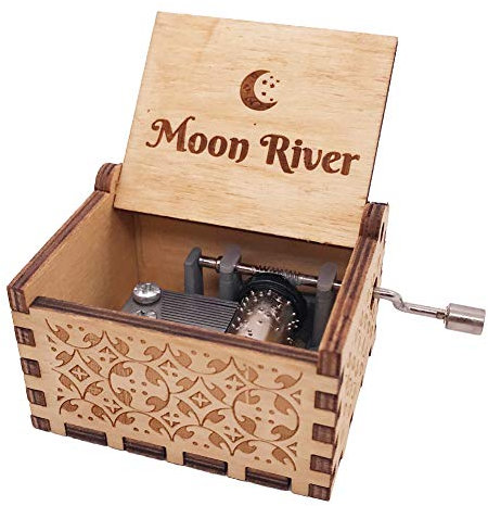 Moon River Music Box - Caja de música de madera grabada con manivela de 18 notas, reproduce río luna, color marrón