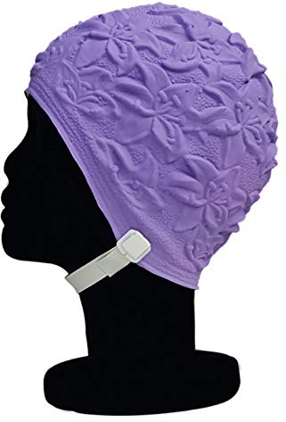 Blått rev latex lilja mjuk och smidig enkel enfärgad 3D-effekt blommig damer klassisk retro stil vintage look dra på badmössa badmössa generös en storlek vuxna med justerbar rem (lila)