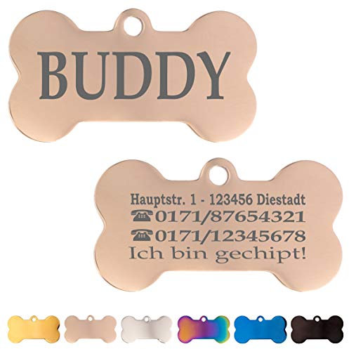 Ibera gifts - Hundemarke mit Gravur und personalisierte Hundemarke in Knochenform für mittelgroße bis große Haustiere (Rosa Gold)
