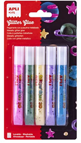 APLI Kids 18973 - Glitter glue, pegamento con purpurina con acabado metalizado ideal para manualidades - 5 botes