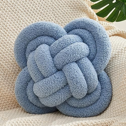 Xiashrk Knot Pillow, 12 Soft Decorative Throw Pillows for Couch Bed, Gray Pink Knotted Plush Throw Pillow Handmade Square Cushion Home Decor Pillows (Blue, 12 Inches X12 Inches)