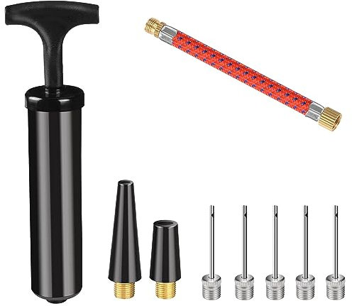profiwoab Pompa per palloni, kit pompa per palloni, robusta pompa a mano per calcio, con 5 aghi in acciaio inox, 2 ugelli conici in plastica, 1 tubo flessibile in gomma