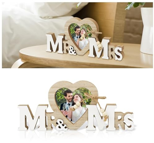 DARENYI Mr & Mrs Decoración Boda,Letras de Madera para Decoración de Casa con Marco de Fotos de Corazón,Regalos de Boda,Vintage,para Ceremonia para Ceremonia, Fiesta, Hogar(Medio)