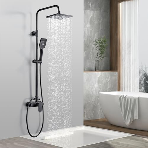 Rehomthy Duschsystem mit Duscharmatur Schwarz, Regendusche mit Armatur, Duschamaturenset inkl Mischbatterie Dusche, Kopfbrause, Handbrause, Brausestange, HöHenverstellbar, Quadrat