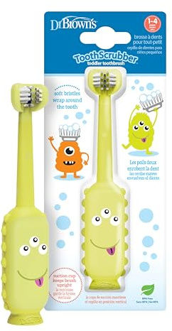 Dr. Brown’s Cepillo de Dientes Infantil para Niños de 1 a 4 Años con Forma de Monstruo - Cerdas Dobles que Rodean el Diente y Limpiador de Lengua - Mango Ergonómico con Ventosa - Sin BPA