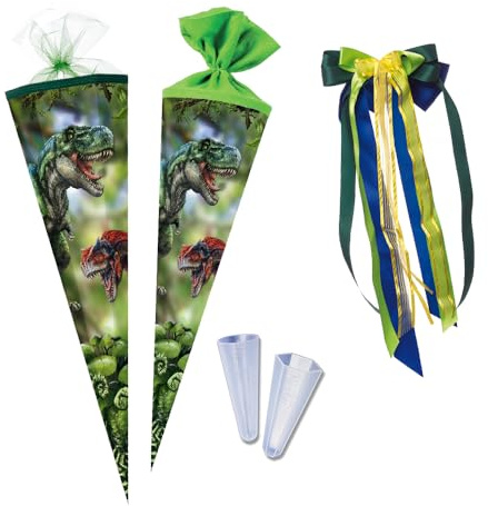 Nestler Coppenrath T-Rex World School Cone Set, Handmade Cardboard Sugar Cone Set, Licensed Motif, School Cone, Lace Protection, Bow (70 cm Round)