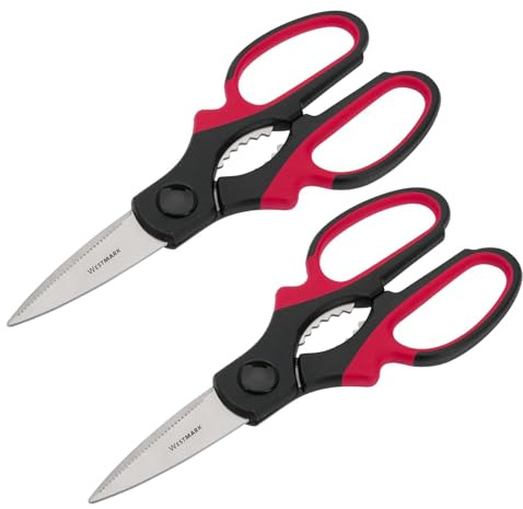 Westmark 2x tijeras domésticas universales, longitud de hoja de corte – 7 cm cada una, elemento de apertura integrado para tapones de rosca, acero inoxidable/plástico – negro/rojo/plata, 137522E3