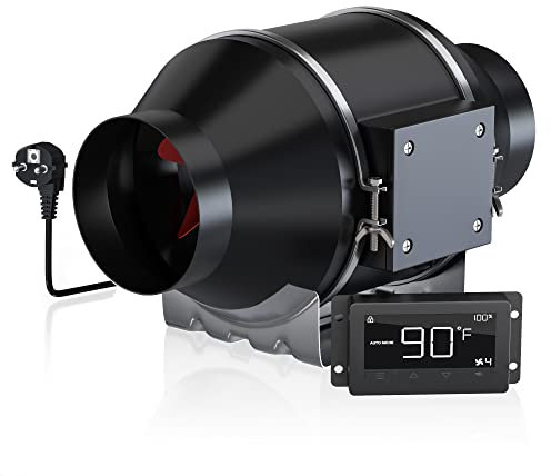 Aruobru Rohrventilator Ø 100 mm 360 m³/H Abluftventilator mit Temperatur- und Feuchtigkeitsregler für Booster, Zuchtzelte, Hydroponik, Landwirtschaft, Gewerbe, Zuhause, Badezimmer, Fabrik