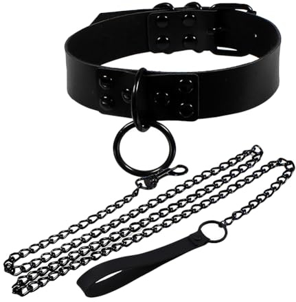 FSSTUD PU Leather Collar Necklace Adjustable Punk Choker O Ring Choker Necklace Womens Vintage Sexy Collar Cosplay Party Choker Gothic Leash Belts for Halloween