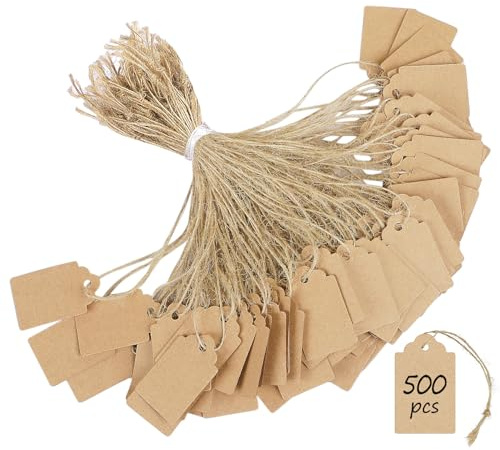 Uniclife 500 Pcs Price Tags with String Attached Writable Brown Kraft Paper Tags with Jute Twine Hang Tags Price Display Labels for Clothing Jewelry Blank Merchandise Marking Tag, 3.5 x 2.2 cm