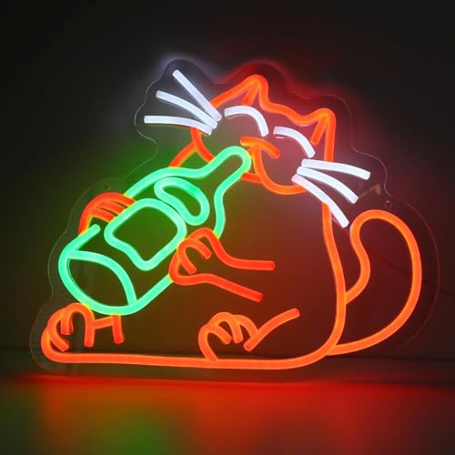 WIOSOUL Drinking Cat Neon Sign Beer LED Bar Light Sign with Adjustable Brightness, USB Powered Hanging Neon Light for Home Bar, Pub, Party(Drink Cat)