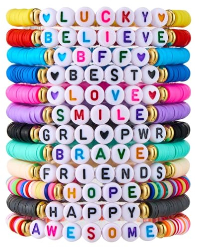 UCLEVER 12pcs Friendship Bracelets for Women Stackable Beaded Stretch Bracelet Boho Summer Beach Colorful Letter Beads, Motivational for Adults