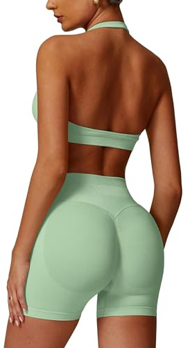 IMEKIS Conjunto de gimnasio para mujer, con sujetador de cuello con tiras, ropa deportiva de yoga con cintura alta, pantalones cortos, 2 piezas, traje deportivo para entrenamiento, fitness, ropa para
