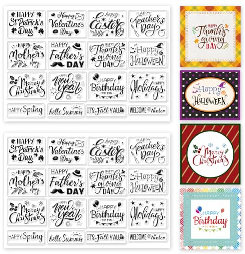 INFUNLY 2pcs Holiday Label Clear Stamps for Card Making Happy Holidays Rubber Stamps 16 Styles Silicone Stamp with Sentiments DIY Transparent Stamp Seal for Bullet Journal Scrapbooking Party