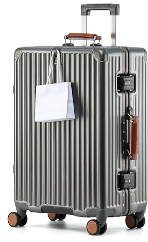 yuweijie Koffer groß, Koffer & Trolleys - Robuster Alu-Rahmen Suitcase für Reisen, 4 Rollen, TSA Schloss, Grau mit braunem Ledergriff, XXL-80cm