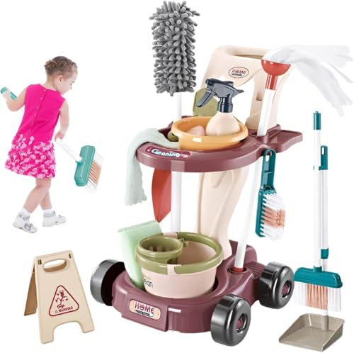 BAKAJI Kit di Pulizia per Bambini con Carrello, Scopa, Paletta, Secchio e Accessori, Gioco Educativo per Ragazzi, Giocattolo Carrellino Pulizie Multifunzione con Spazzole, Giocattoli Idea Regalo