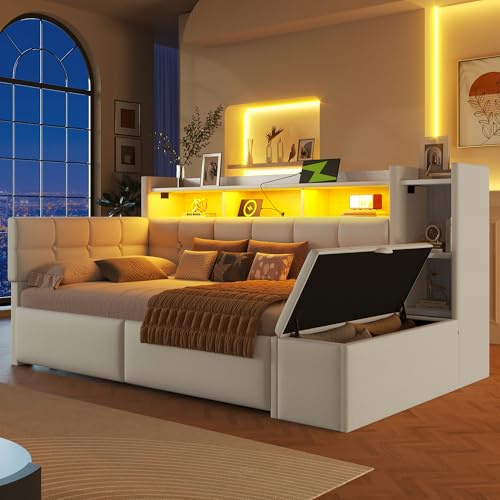 NovaFurnish Cama de día, sofá cama, 90 × 190 cm, con dos cajones, conexiones USB y tipo C, compartimento de almacenamiento, banco de almacenamiento en el extremo de los pies, tira de luz LED, sin