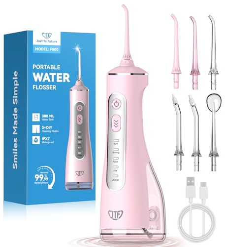 JTF Water Flosser, 3 Modes & 10 DIY Pressure Levels, 60-Day Battery, 300ML Tank & 6 Jet Tips, Portable Dental Tooth Irrigator for Daily Oral, Orthodontic, Braces, Sensitive Gums Home Travel, Pink