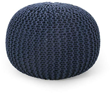 Knitted Cotton Round Pouf Ottoman Foot Rest, Multi-Functional Storage Ottoman and Decorative Floor Cushion,NavyBlue-Cotton