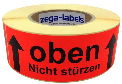 zega-labels Warnetiketten - OBEN Nicht stürzen - 500 Stück je Rolle - 150 x 50 mm - Versandaufkleber Papier Leuchtrot stark haftend - Doppelpfeile