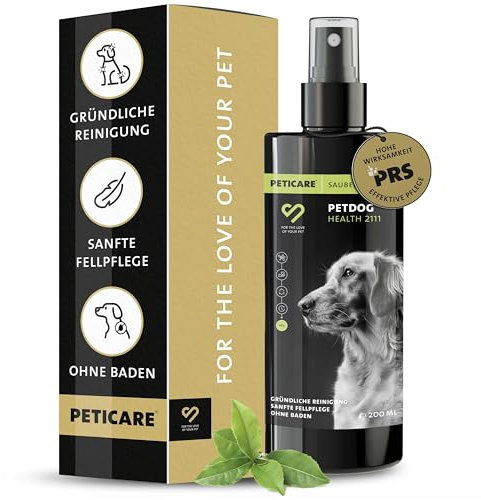 Peticare Natürliches Trocken-Shampoo für Hunde | Stressfreie Reinigung ohne Wasser | bei Schmutz, Gerüchen | Fell-Pflege für alle Fellarten | Mit Argan- & Kokosöl, parabenfrei | petDog Health 2111