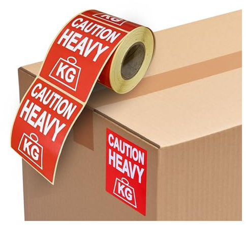 Warning Stickers 'Caution Heavy' Sticky Labels 80x103mm - 500 Pack Bright Red Stickers, Moving House, Heavy Label for Packing Box Labels and Storage, Adhesive Paper Sticker Pack by Price Stickers