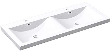 Mai & Mai Double vasque à encastrer blanc lavabo 2 Vasques 144x48x12 cm lave mains Col03 rectangulaire en résine avec trop plein