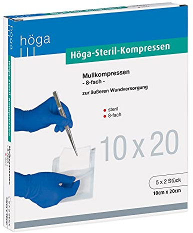 Höga – Compresse di garza sterili garza sterile – 10 x 20 cm – 5 x 2 pezzi, sterile, 8 marce, EN 14079-tipo 17, confezione da 2
