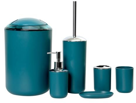 6tlg Badset Badezimmer Zubehör Set Organizer: Seifenspender, Zahnputzbecher, Kosmetikeimer, WC Bürste und Halter, Seifenschale, Mülleimer, Zahnbürstenhalter, Badgarnitur (Dunkel Türkis Design 3)