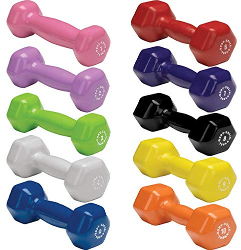 Body-Solid Tools (BSTVDS110) Vinyl Dumbbell for Weight and Aerobic Training, Pilates & Physical Therapy, Hand Weights Set for Women, Free Weights Hex End Dumbbells, 1-10lbs. Set