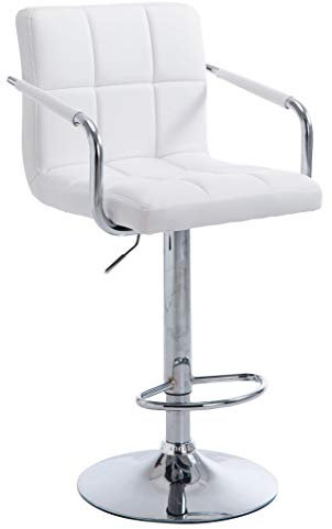CLP Barhocker Lucy V2 Mit Kunstlederbezug I Höhenverstellbarer Barstuhl I Thekenhocker Mit Armlehnen Und Fußstütze, Farbe:weiß, Gestell Farbe:Chrom