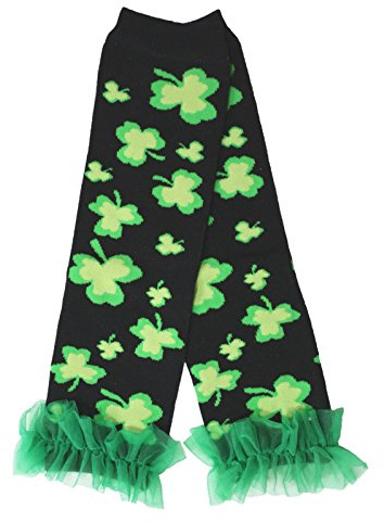 Petitebella Black Green Clovers Ruffles Children Leg Warmers