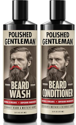 Polished Gentleman Beard Wash and Conditioner Set - Softens and Strengthens - Beard Shampoo with Growth Oil - Moisturizer & Beard Thickener - Tea Tree Unscented - Paraben-Free & Sulfate-Free (16oz)