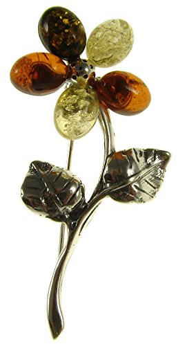Baltic amber and sterling silver 925 multi-coloured flower brooch pin