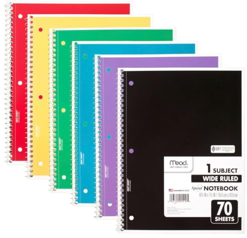 Mead Spiral Notebook, 6 Pack, 1 Compartment, Wide Ruled Paper, 7.8 x 10.5 Inch, 70 Sheets Per Notebook, Colour Varies (73063)