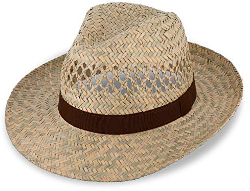 Fedora Stråhatt med brunt ripsband | Solhatt för män och kvinnor av 100 % halm | Tillverkad i Italien | sommarhatt i många storlekar | naturlig färg, natur, 55 cm
