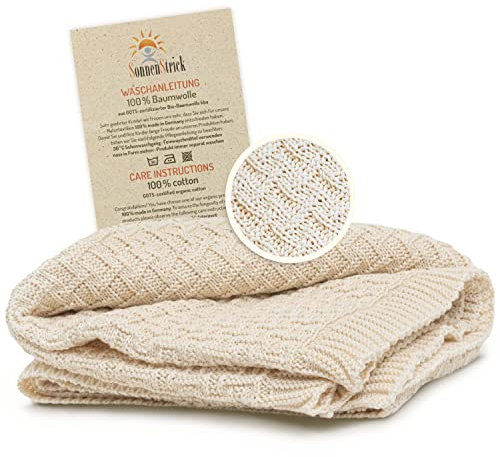 Sonnenstrick 3009002 Babydecke/Kuscheldecke/Strickdecke aus 100% Bio Baumwolle KBA Made in Germany, 100 x 90 cm, Natur